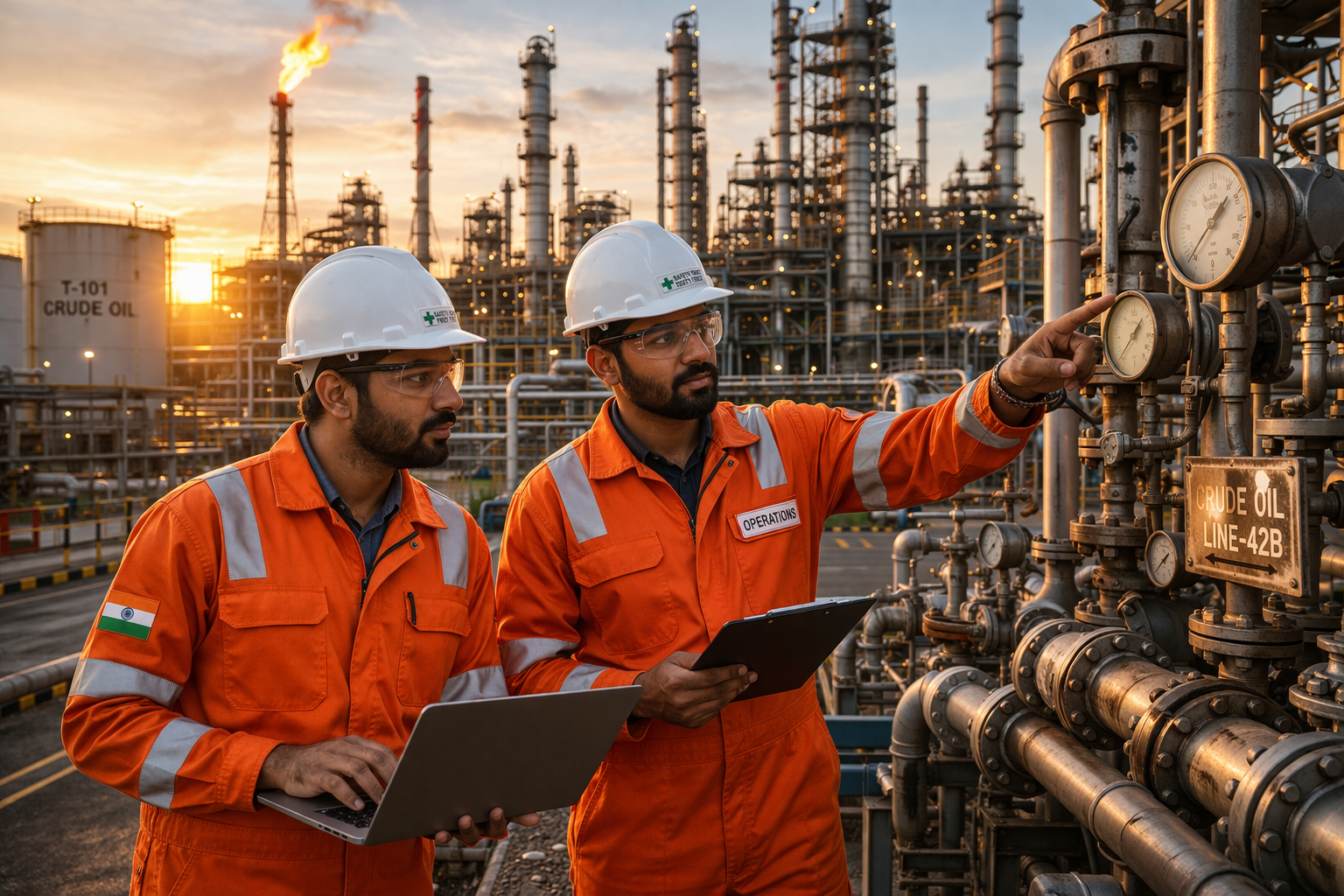 industrial refinery at sunset with workers